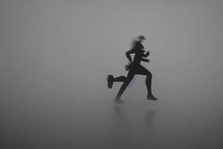 Image similar to film photography, straight colors, minimalism, woman silhouette running in the blue fog with low shutter speed, 35mm, motion blur