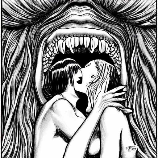 Prompt: two monstrous women kissing each other with long spiraling lips, eldritch abomination, horror manga illustration by junji ito, key visual, monochromatic