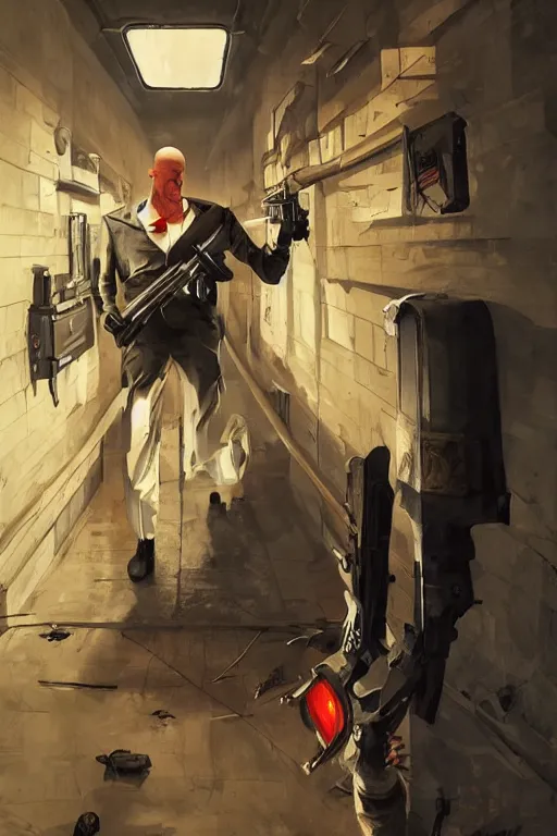 Image similar to an expressive full body portrait of agent 4 7 from hitman in a hallway full of guns, dark background, red rim light, digital art, artstation, concept art by giger stalenhag