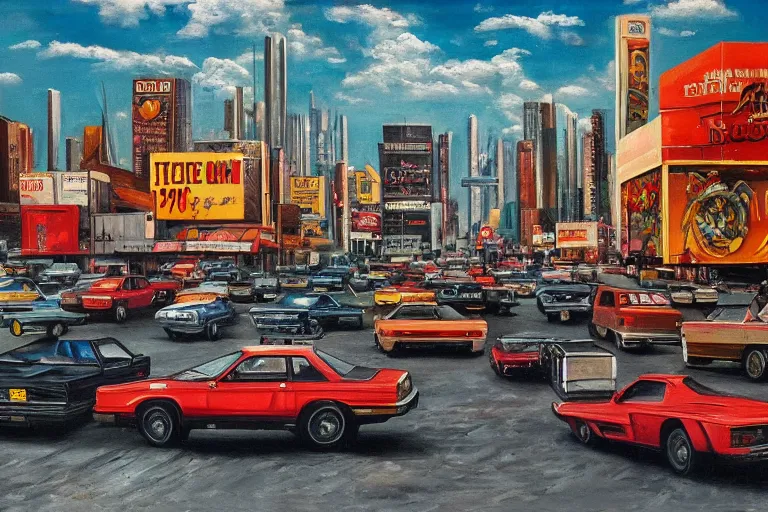 Image similar to 4 k hyper realistic oil painting of 1 9 8 0 s city with old cars and a big speaker array in the sky booming heavy metal music, detailed painting in the style of axel aabrink