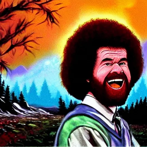 Image similar to bob ross screaming bad trip of acid in car rear view mirror