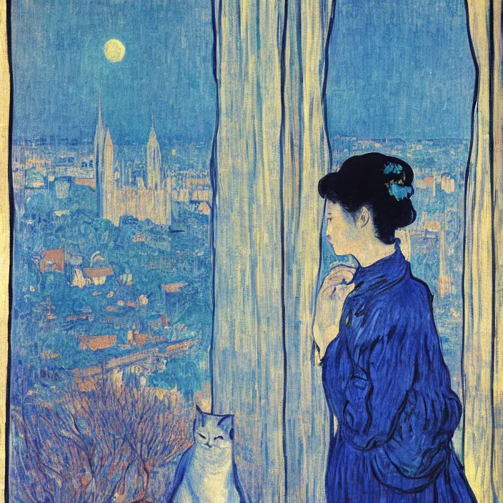 Image similar to sad woman and white cat with city with gothic cathedral and tall trees seen from a window frame with curtains. dark indigo blue, turquoise, gold, earth brown. night with glowing stars. delville jean, henri de toulouse - lautrec, utamaro, matisse, monet