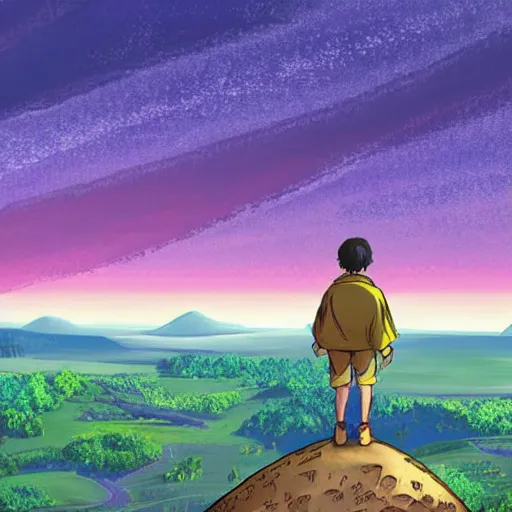 Prompt: illustration of a boy on top of a large hill standing next to a school overlooking a vast landscape and a city as the sky rains cosmic energy above it in the style of Kentaro Miura