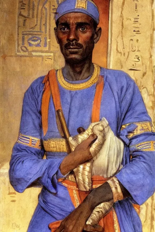 Prompt: a closer hero portrait of a live nubian temple guard with very piercing blue eyes, incredibly charismatic. in old egypt. masterpiece, dramatic light and shadow, saturated colors, ciaroscuro. painted by carl larsson