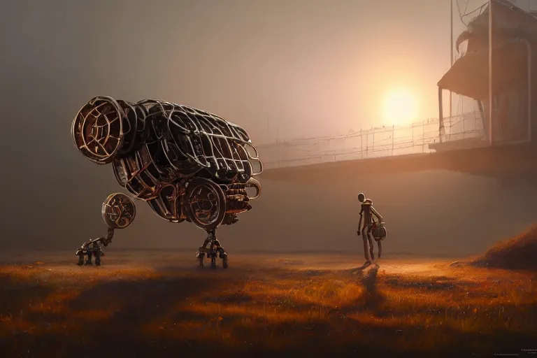 Prompt: a walking mechanical house on mechanical legs, rust, hyperrealistic, highly detailed, cinematic, single ray of sun, fog, beautiful, cgssociety, artstation, 8 k, oil painting