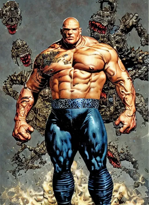 Image similar to full body and head single character portrait of martyn ford as marvel's the thing, dynamic action, painted by norman rockwell and phil hale and greg staples and tom lovell and frank schoonover and jack kirby