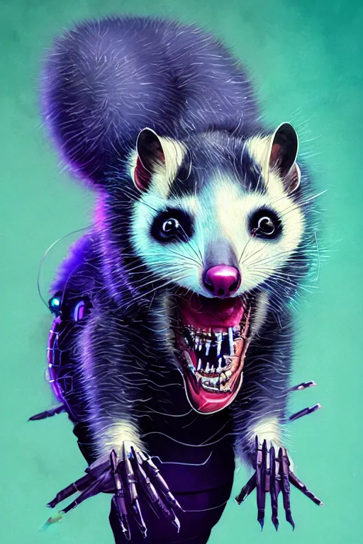 Image similar to a beautiful portrait of a cute cyberpunk opossum screaming by sandra chevrier and greg rutkowski and wlop, purple blue color scheme, high key lighting, volumetric light, digital art, highly detailed, fine detail, intricate, ornate, complex, octane render, unreal engine, photorealistic