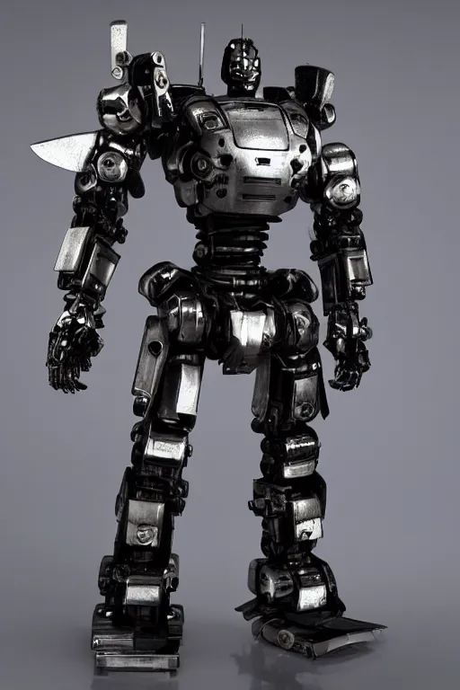 Image similar to samurai inspired mecha real steel (2011) robot. Black reflective panels exposed wiring joints. Scowling angry face. Glowing eyes. intimidating cyberpunk style of Roger Deakins Jeremy Saulnier Newton Thomas Sigel Robert Elswit Greig Fraser trending rtx on ue5. 35mm Kodak Vision 2383 gritty atmospheric Bladerunner 2049