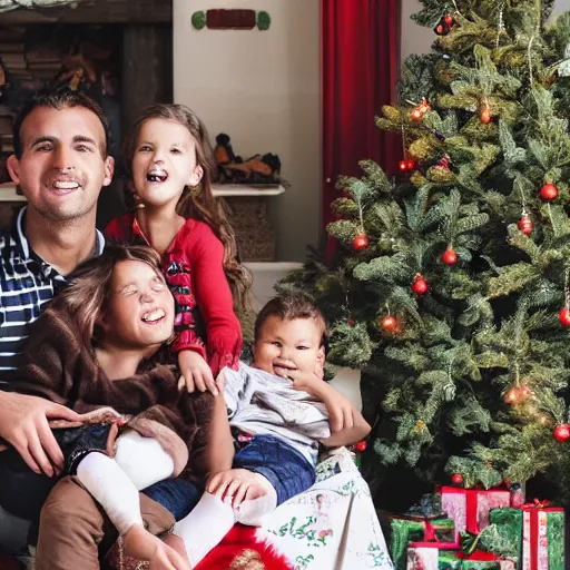 Prompt: “a merry Christmas card of a happy family, in the foreground there’s a mother with two children on her lap, a boy and a girl. They’re smiling at the camera. There’s a decorated green Christmas tree and a log fire burning in the background. On the sofa is a homeless man passed out drunk overdosed on ketamine.”