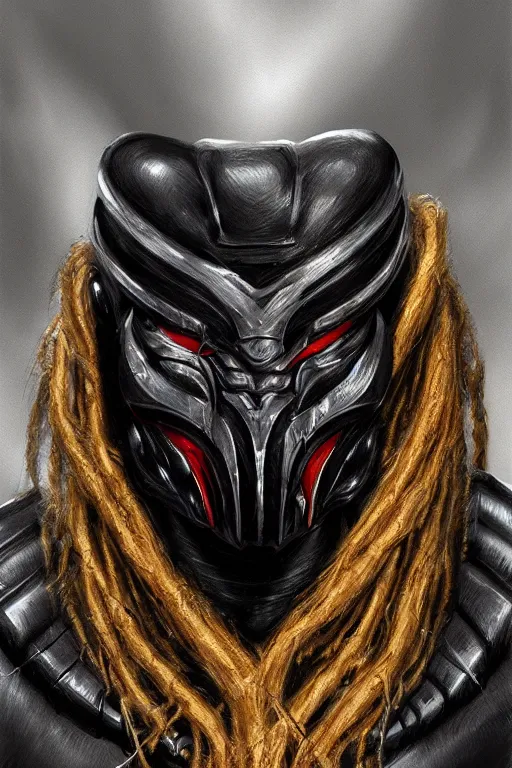 Prompt: predator 1 9 8 7 masked face redesign, portrait, highly detailed, black smooth dreads, mandables, digital painting, trending on artstation, concept art, illustration