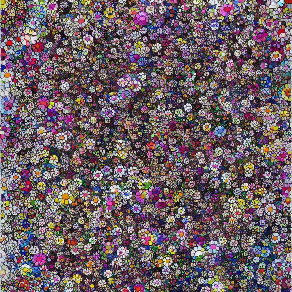 Image similar to camouflage made of flowers, style of takashi murakami, abstract, rei kawakubo artwork, cryptic, stipple, lines, splotch, color tearing, pitch bending, color splotches, dark, ominous, eerie, minimal, points, technical, old painting