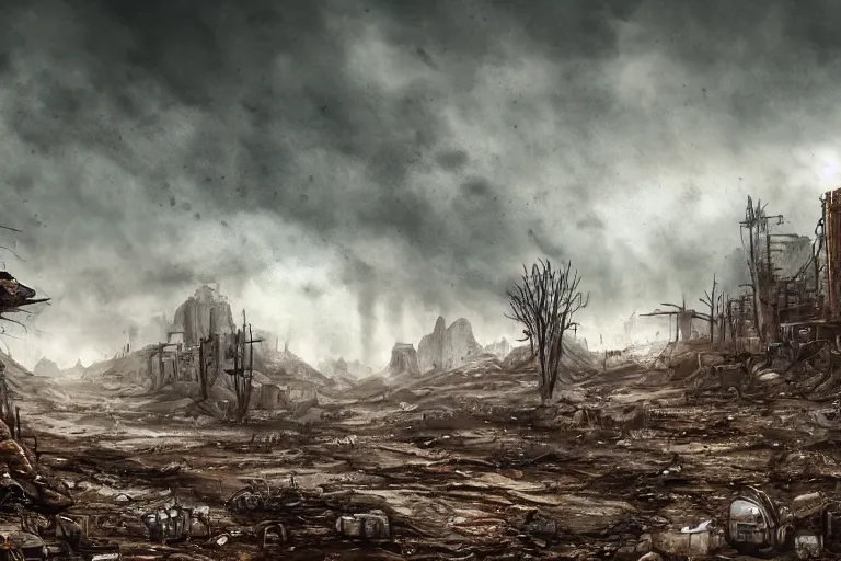 Image similar to a post apocalyptic landscape by boss ross.