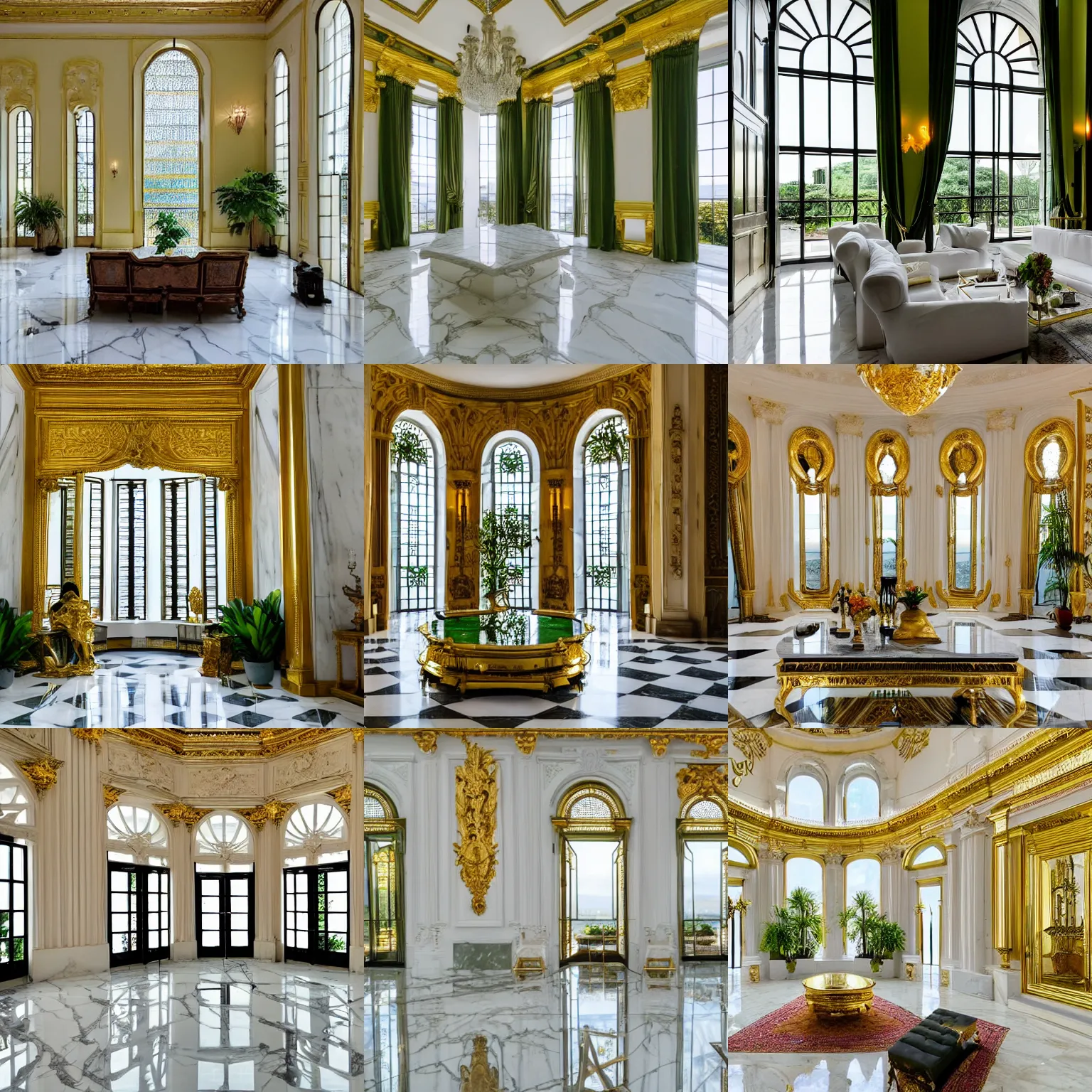 Prompt: the interior of a house with very high ceilings with white marble walls and floors with gold details with huge windows where you could see the sunset in the greens