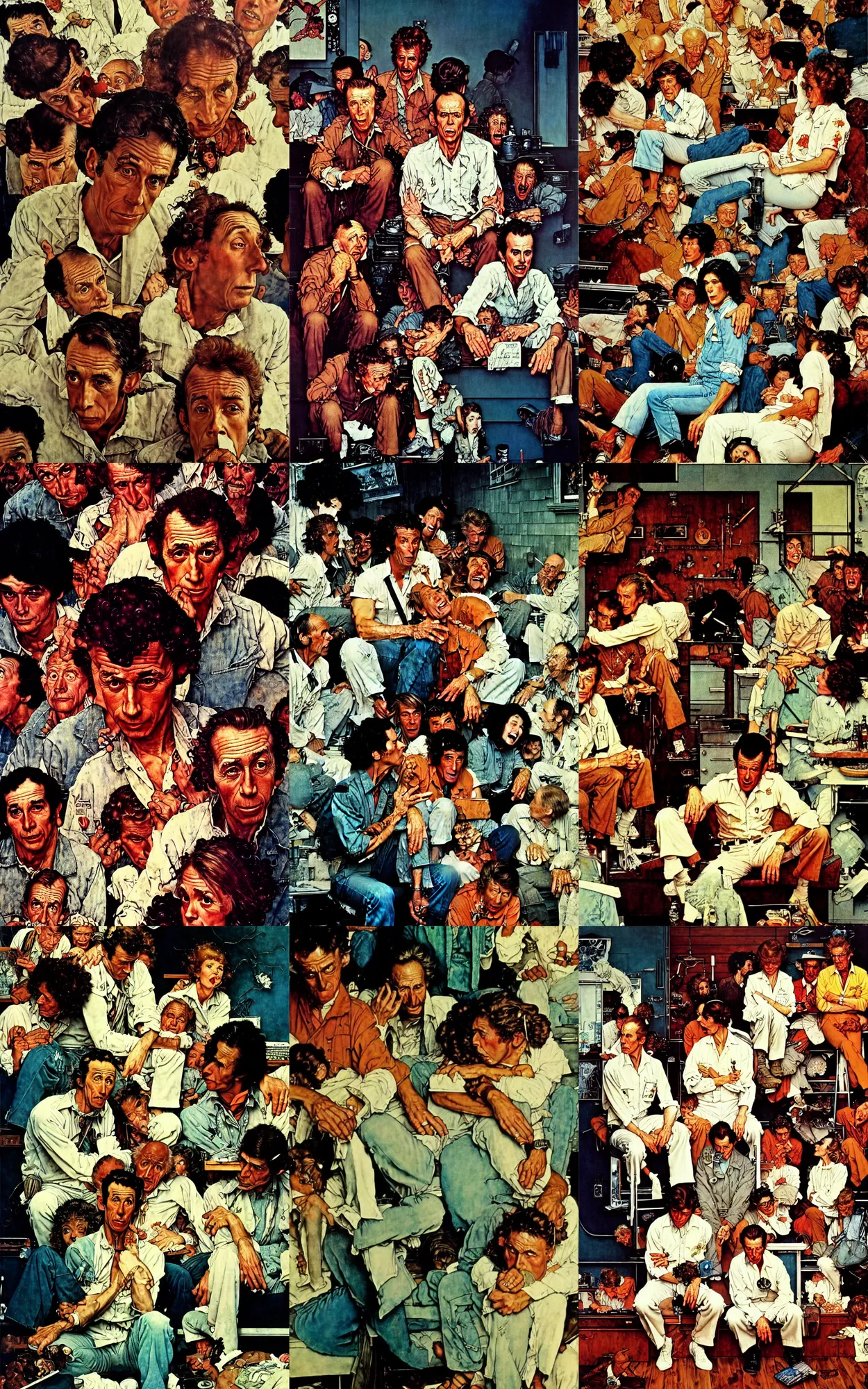 Prompt: one flew over the cookoos nest, painting by james jean and norman rockwell, 7 0 s cinestill, atmospheric, clinical, depressed, manic, bipolar