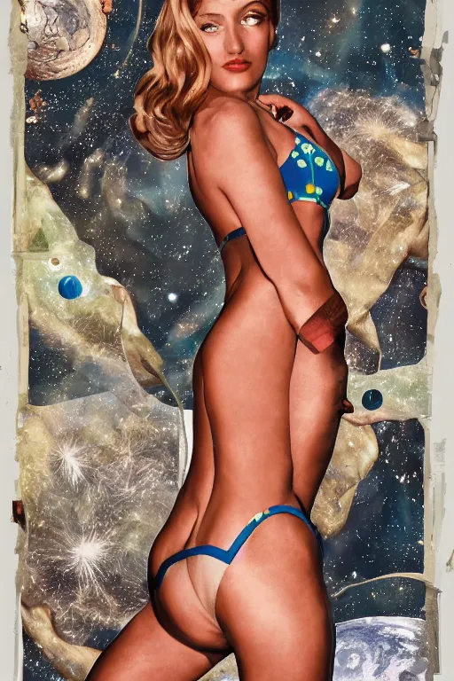 Image similar to vintage inspired, mixed media collage of a swimsuit model in space, full body, trending on art station, highly detailed, excellent composition