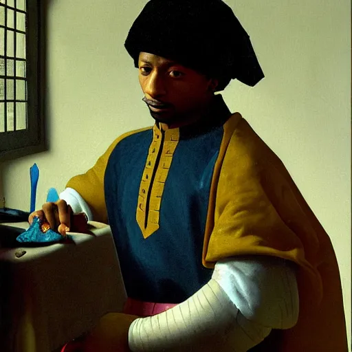 Prompt: a painting of 2 1 savage in knights armor by vermeer