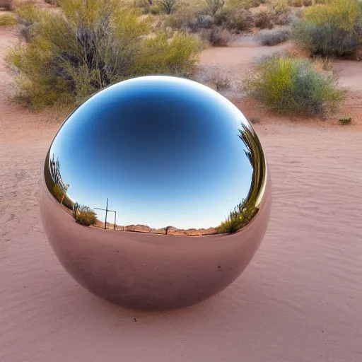 Image similar to a large metallic ball with a mirror finish sits in the Arizona desert