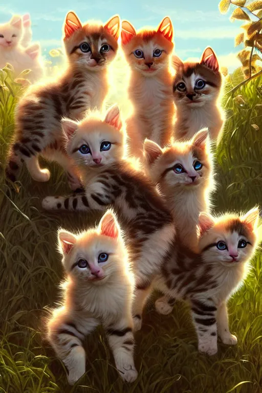 Image similar to clear portrait of a pack of kittens, cottagecore!!, background hyper detailed, character concept, full body, dynamic pose, glowing lights!! intricate, elegant, highly detailed, digital painting, artstation, concept art, smooth, sharp focus, illustration, art by artgerm and greg rutkowski and alphonse mucha