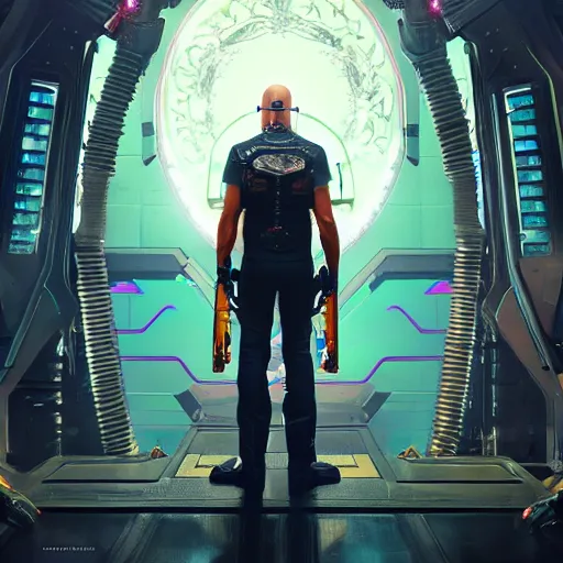 Image similar to front view, imposing, ominous portrait of Jeff Bezos as a cyberpunk 2077 loading screen, symmetry, front view, intricate, studio, art by anthony macbain + greg rutkowski + alphonse mucha, concept art, 4k, sharp focus