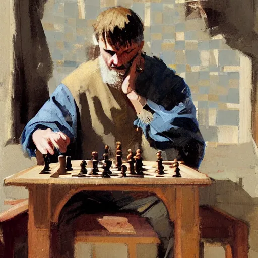 Image similar to portrait of man in medieval clothes playing chess, detailed by greg manchess, craig mullins, bernie fuchs, walter everett