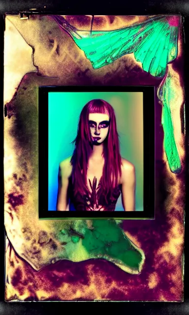 Image similar to crystal wings, waporwave polaroid, a greg rutkowsi photograph, devianart photoshoot, metal acid deep colors, fallen angel of death, love broken