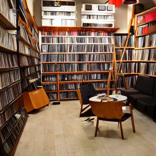 Prompt: cozy music shop, floor to ceiling shelves of vinyl LP records, large speakers and hifi equipment, interior, intimate, comfortable, anime style