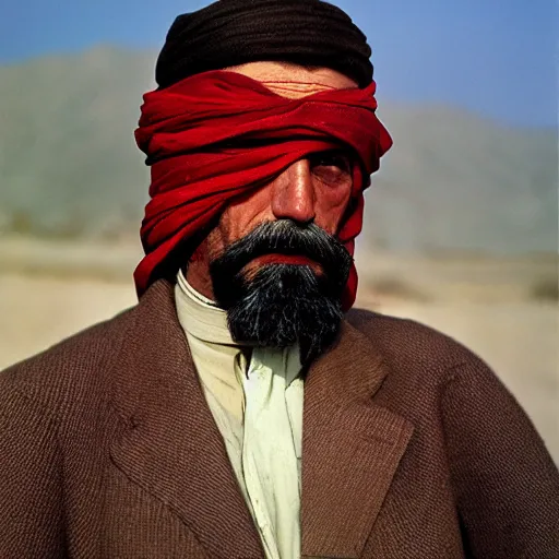 Image similar to portrait of president woodrow wilson as afghan man, green eyes and red scarf looking intently, photograph by steve mccurry