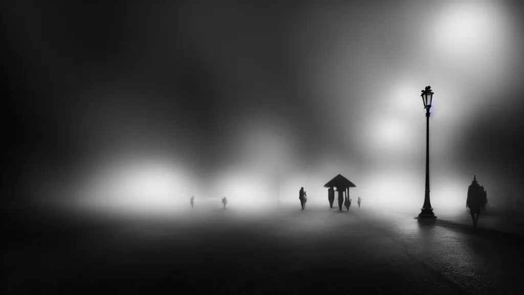Image similar to the crowd flees the village, fog, volumetric lighting, mystique, atmospheric, sharp focus, ultra detailed, noir art house, 4 k, cinematic, 3 5 mm