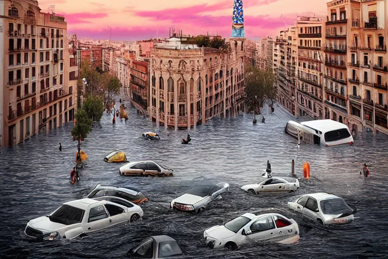 Prompt: touristic ads to visit a catastrophic barcelona, buildings covered with high water, floating cars, sunset lighting, photo real