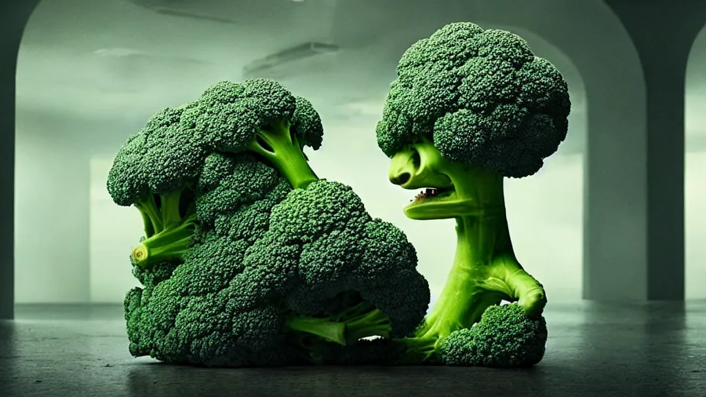 Image similar to the broccoli creature, film still from the movie directed by denis villeneuve and david cronenberg with art direction by salvador dali, wide lens