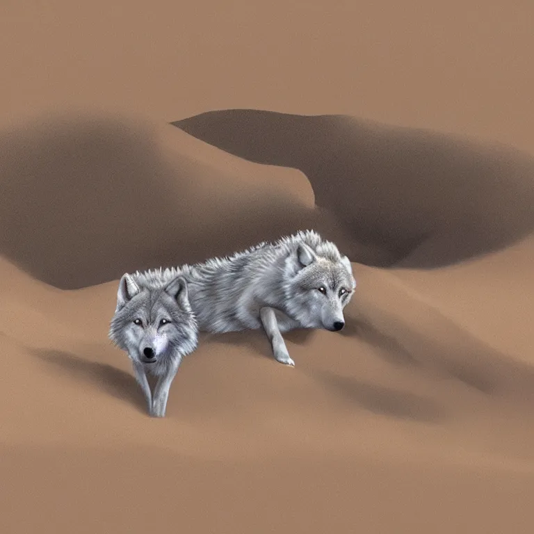 Image similar to Majestic wolf in a sand dune on the heath. Rough brushstrokes. Beautiful detailed scene. Interesting natural colour scheme. Beautiful digital painting by Lurid (2022)