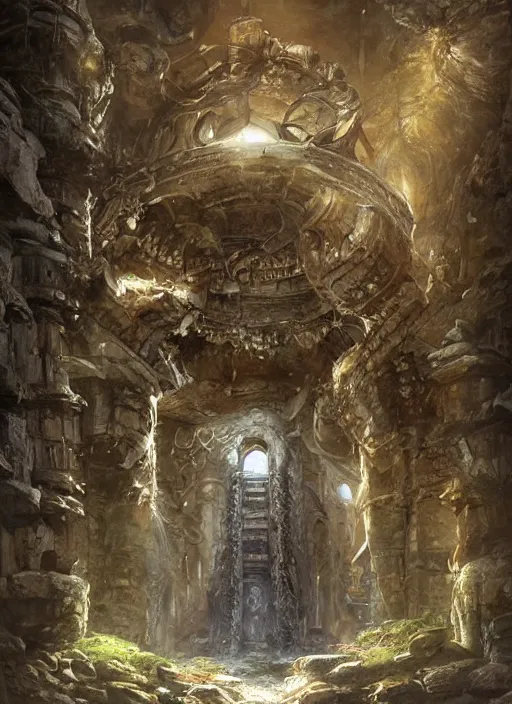 Prompt: a towering stone pillar covered with strange ancient mechanisms, in an ancient vault, crumbling temple ruins, fantasy digital painting, stunning intricate details, torch lighting, artwork by ross tran, artgerm