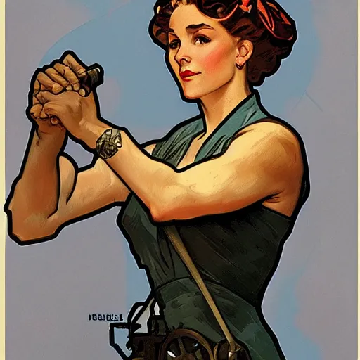 Image similar to a portrait of Rosie the riveter by Alphonse Mucha, art nouveau card, concept art, wlop, trending on artstation, 8k