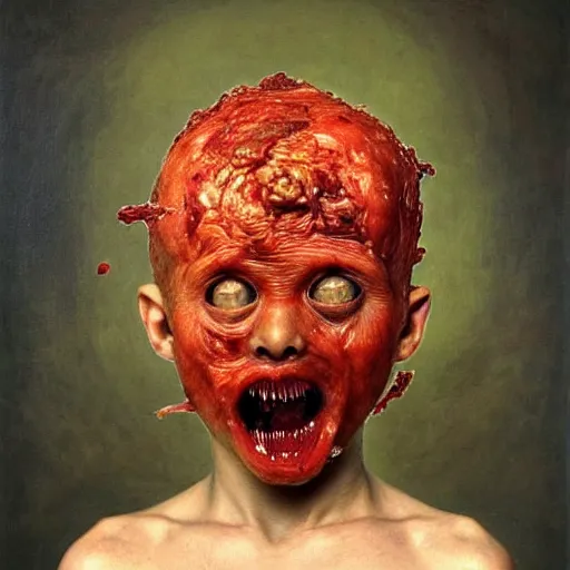 Image similar to half boy half rhino made of spaghetti and tomato sauce, looking straight into camera, screaming in pain, by giuseppe arcimboldo and ambrosius benson, renaissance, fruit, intricate and intense oil paint, a touch of beksinski and hr giger and edward munch, realistic