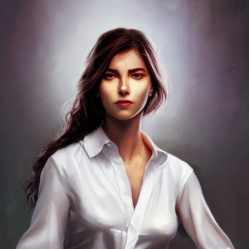 Image similar to a painting of a woman in a white shirt, a character portrait by Artgerm, cg society contest winner, fantasy art, reimagined by industrial light and magic, poster art, concert poster