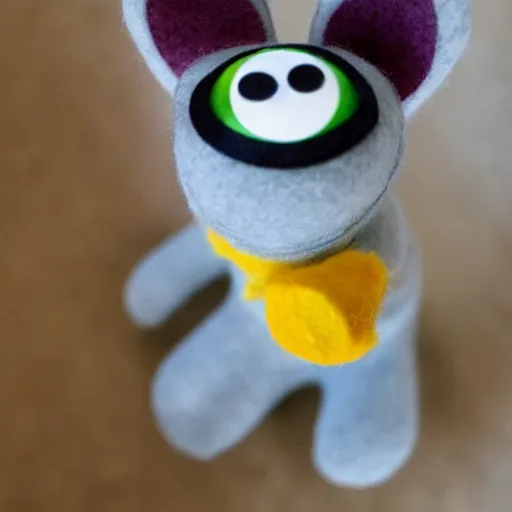 Prompt: a cute cat made of felt and linnin with googly eyes is sneaking up on a mouse made out of a sock, in a kids room on saturday morning