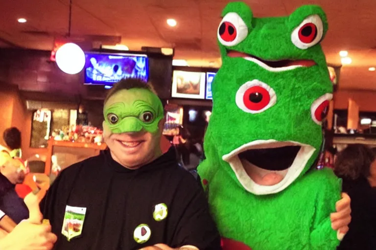 Prompt: taking a selfie with a frog fleshy mascot costume at an applebee's, cell phone photo