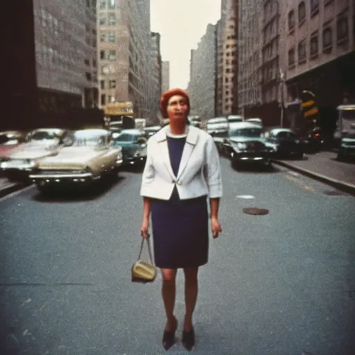 Prompt: portrait of a woman in a suit in the streets of new york, 1 9 6 0 s, colour film street photography, photo taken with ektachrome, featured on flickr, photographed on damaged film
