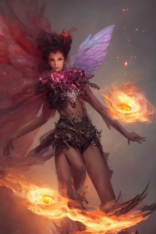 Image similar to beautiful girl necromancer, magical fairy exploding into flowers, angels, 3 d render, hyper - realistic detailed portrait, holding fire and electricity rainbow, ruan jia, wlop. scifi, fantasy, magic the gathering, hyper detailed, octane render, concept art, peter mohrbacher