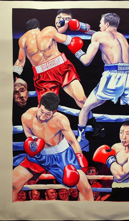 Prompt: Shen Quan's 'zuckerberg in a boxing match', hanging scroll, ink and colours on silk