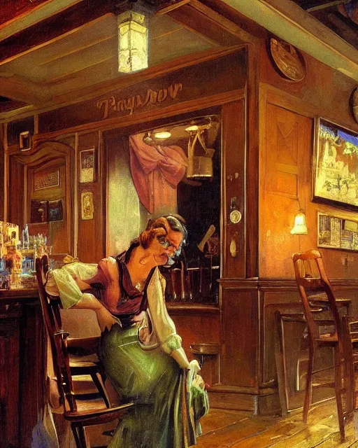 Image similar to a beautiful barmaid, dimly lit cozy tavern, relaxed pose, fantasy, art deco, detailed painterly digital art style by Francis Bacon, 😍 , 8k octane beautifully detailed render, post-processing, extremely hyperdetailed, in the style of Francis Bacon and Syd Mead and Edward Hopper and Norman Rockwell and Beksinski, open ceiling, highly detailed, painted by Francis Bacon, painted by James Gilleard, surrealism, airbrush, Ilya Kuvshinov, WLOP, Stanley Artgerm, very coherent, art by Takato Yamamoto and James Jean