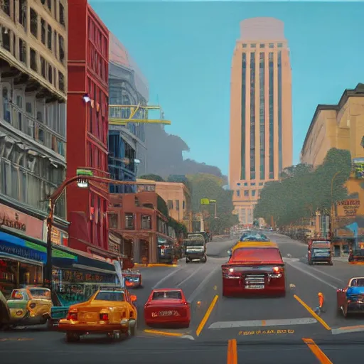 Image similar to Market Street, San Francisco; oil on canvas by Klaus Bürgle and Imperial Boy and Simon Stålenhag; Redwood covered natural city future dream world-H 740