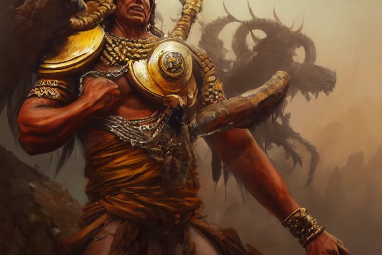 Prompt: A beautiful oil cartoony painting of a inca king capac, by Lucas Graciano, Frank Frazetta, Greg Rutkowski, Boris Vallejo, epic fantasy character art, high fantasy, Exquisite detail, post-processing, low angle, masterpiece, cinematic