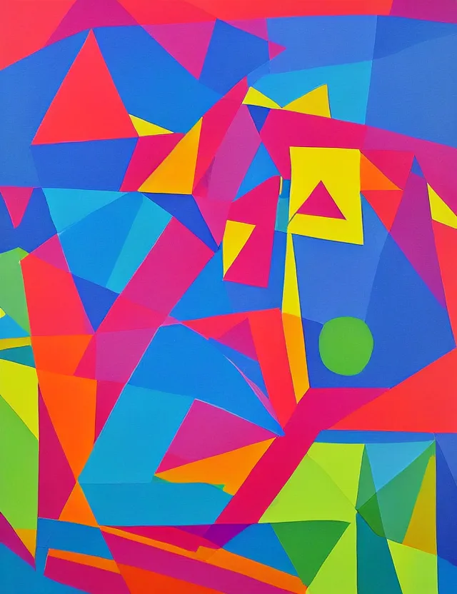 Image similar to a abstract bright color painting with geometrical shapes, symmetry in the style of farid alam