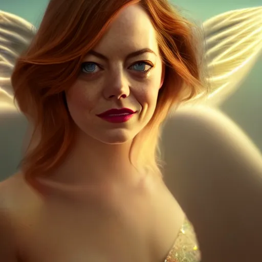 Image similar to full body potrait of emma stone as an angel dancing, hyper realistic, prismatic highlights, atmosphere, gorgeous, depth of field, cinematic, macro, concept art, 5 0 mm, artstation, wlop, elegant, epic, weta digital, focus, octane render, v - ray, 8 k, kodak portra, art by liberatore