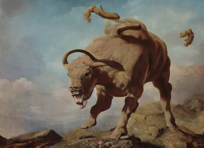 Image similar to a painting of a minotaur on a mountaintop giving a lecture on peak minotaur body fitness, and detailing how you too can achieve this perfection, epic painting, epic composition, trending on minotaurstation