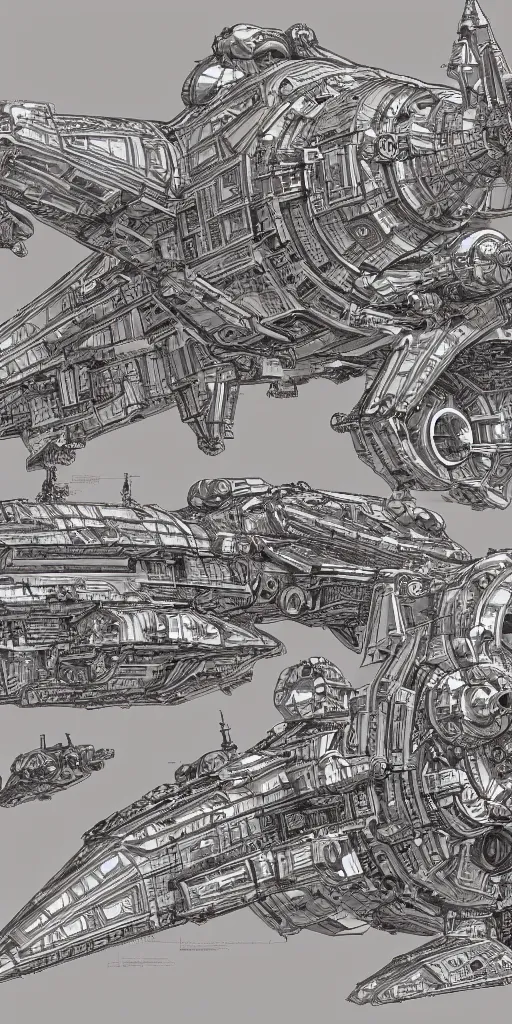 Prompt: very technical and detailed blueprint of a Starship, Center Frame, intricate details, ultra-detailed, baroque style, illustration, desaturated, concept art, Battletech,sci-fi, Star Wars cross section of mechanical elements , sepia tone , with highly detailed blueprints, marker concept art style rendering