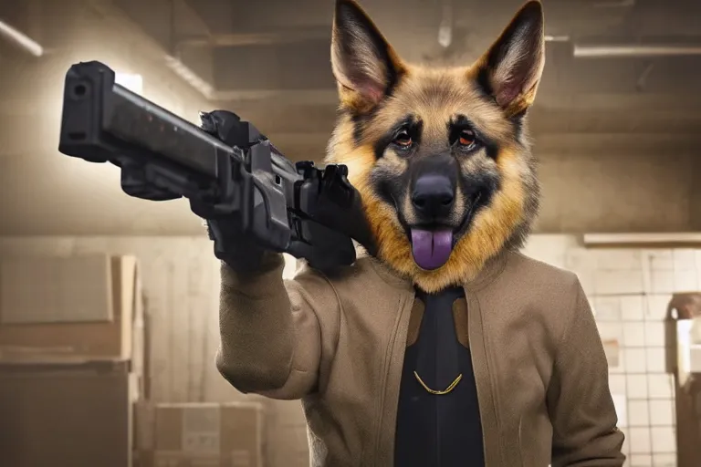 Prompt: film still of furry anthro anthropomorphic german shepard head animal person fursona wearing clothes standing holding a gun in a garage in an action movie 2020, 4k