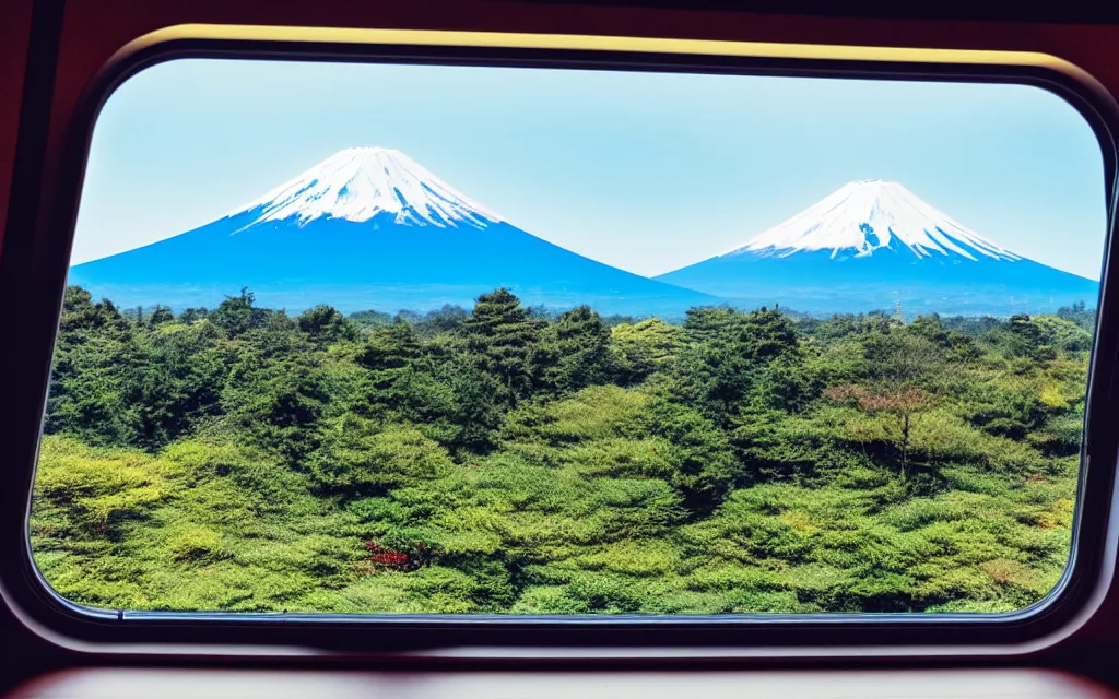 Image similar to a photo of mount fuji, among beautiful japanese landscapes, seen from a window of a train. dramatic lighting.