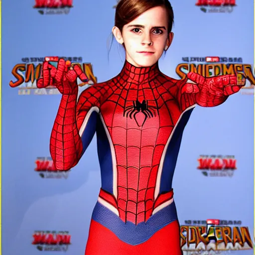 Image similar to emma watson as spiderman, full body shot, highly - detailed, sharp focus, award - winning